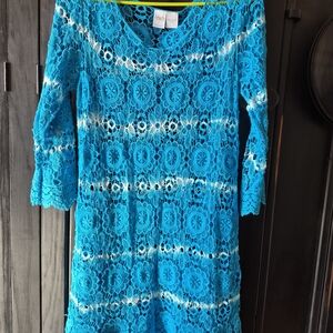 Crochet Long Sleeve Dress in Turquoise - Lace Overlay